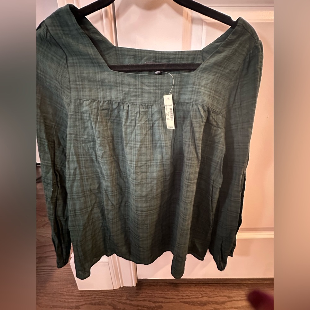 Madewell Plaid Square-Neck Peasant Top